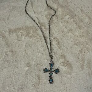 Silver Cross Pendant Necklace with Blue Accents